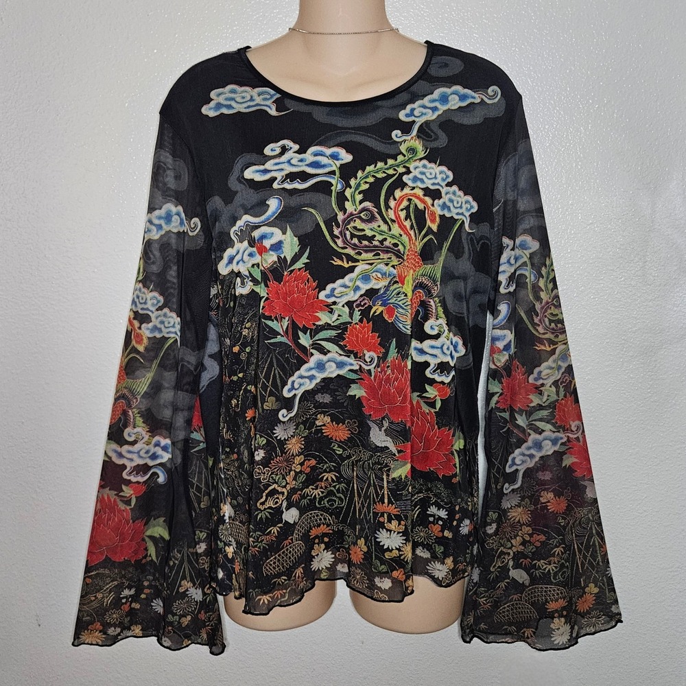 DB Sport Asian Phoenix Floral Mesh Top Bell Sleeve Festival Rave Party